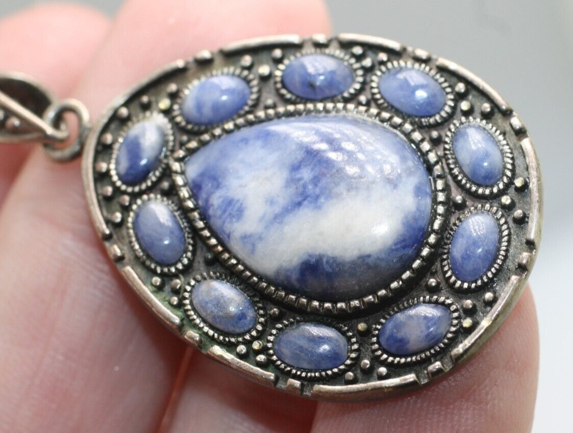 DBJ Sterling Silver 925 blue lapis cabochons tear drop shaped pendant 1 5/8″