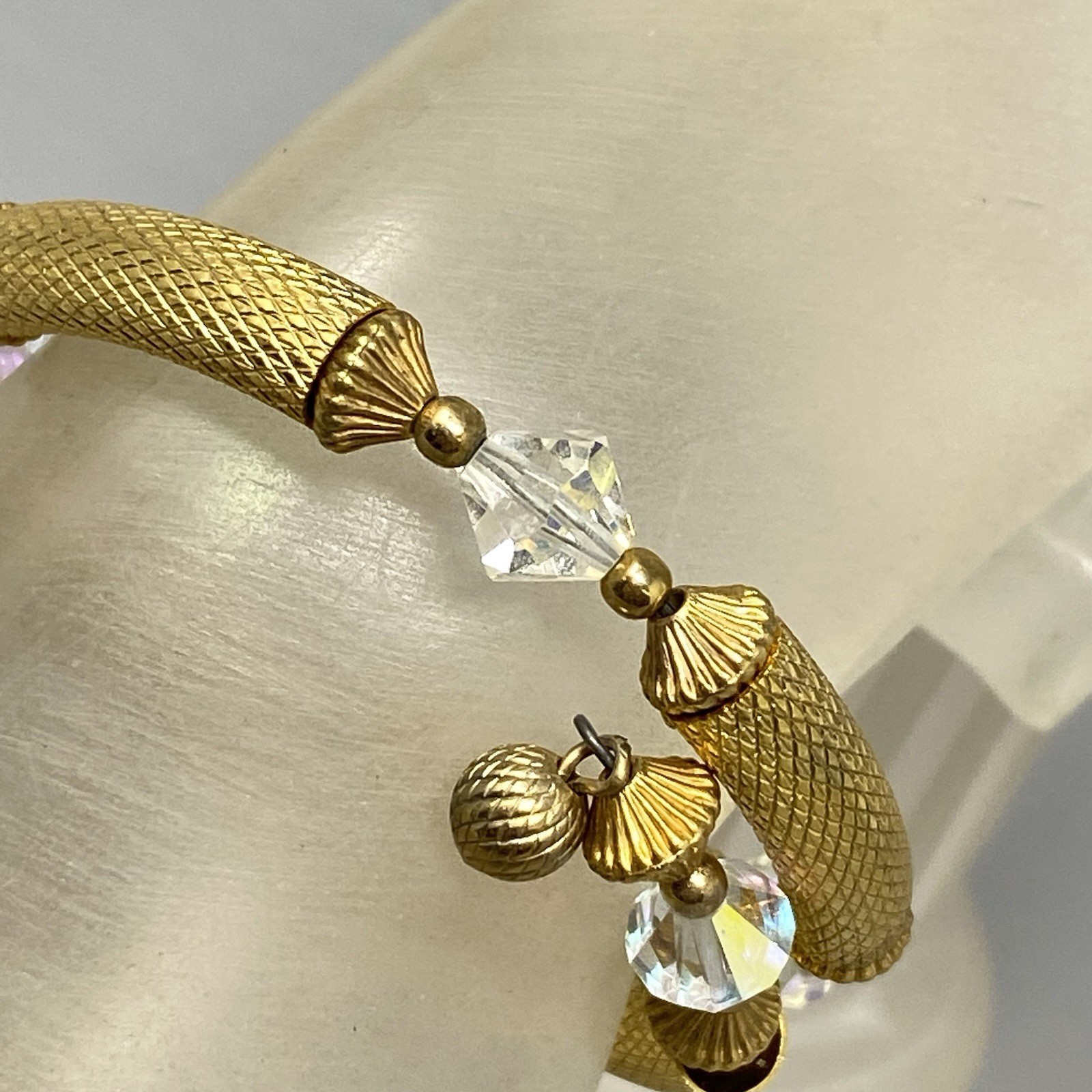 Gold Tone Tube Wrap Bracelet Crystal Bicone Aurora Borealis Bead Accents VTG