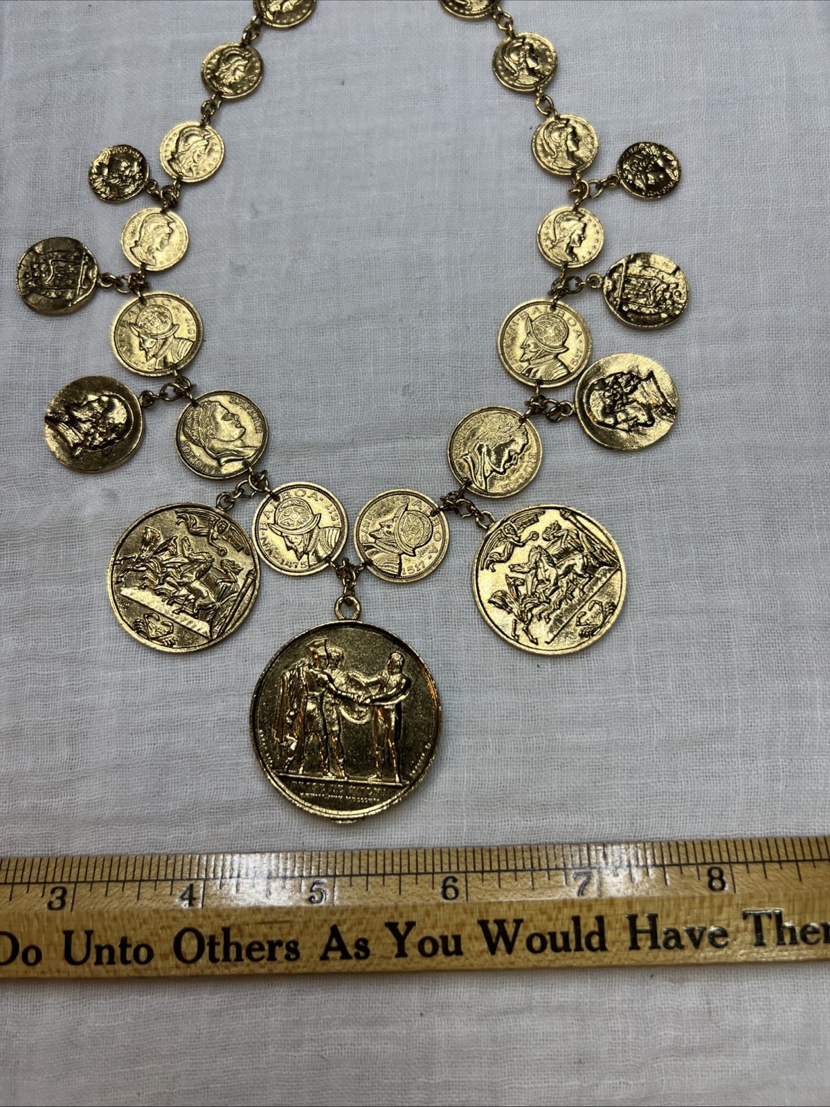VTG Crown Trifari Roman Coin Bib Collar Necklace 15” Gold Tone Runway 1978-85