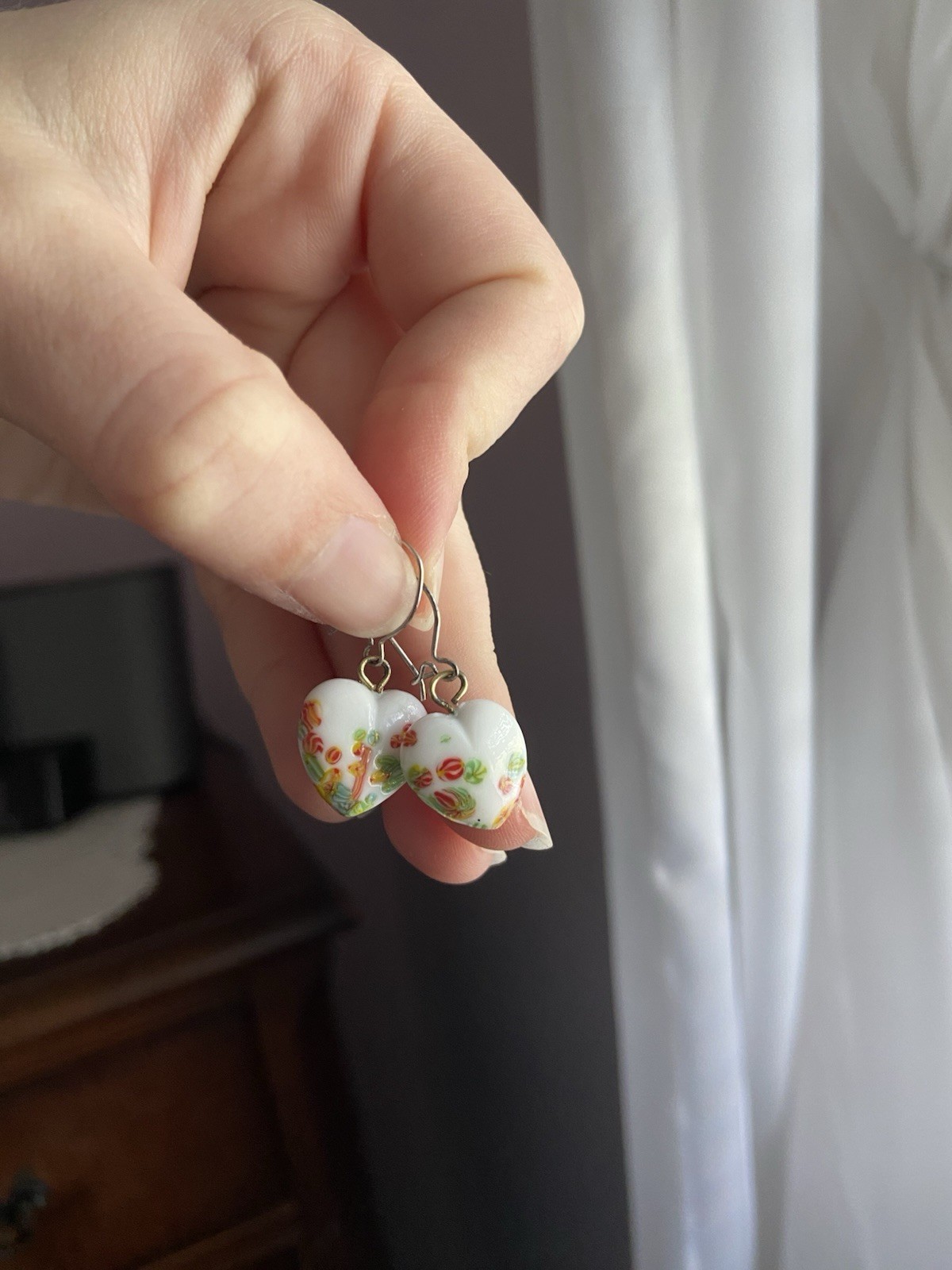 Vintage White Multi Millefiori Glass Heart Pendant / Charm