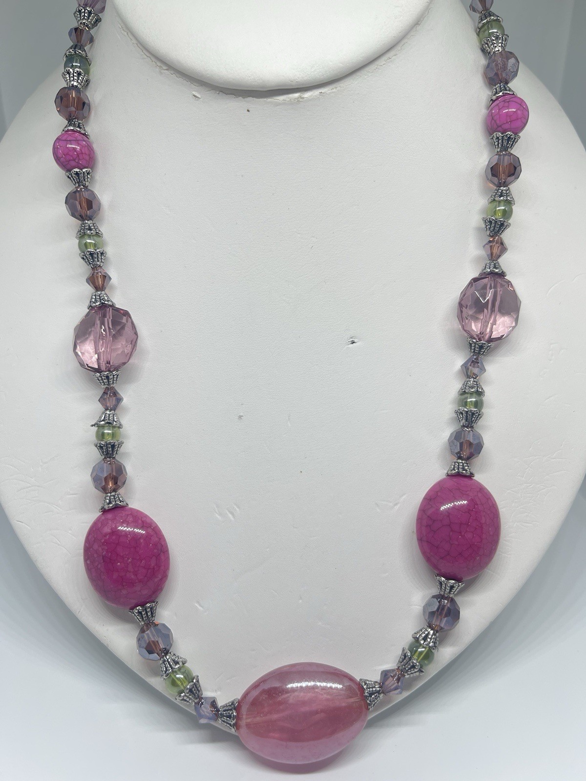 Vintage 80’s Pink And Green Glass And Crystal Bead Necklace & Earrings Set 20”