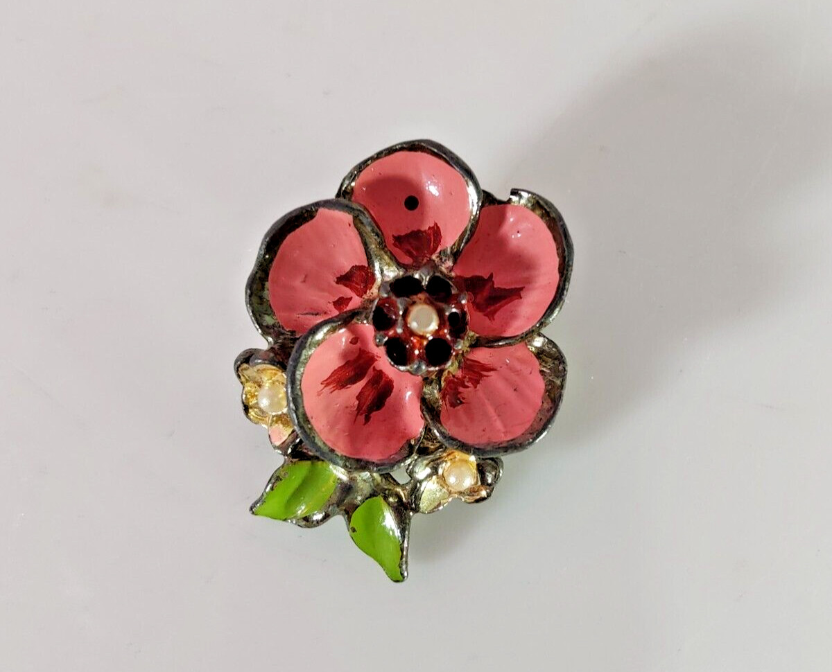 Vintage Pink and Green Enamel Painted Silver Tone Metal Floral Brooch 1″ x 1″