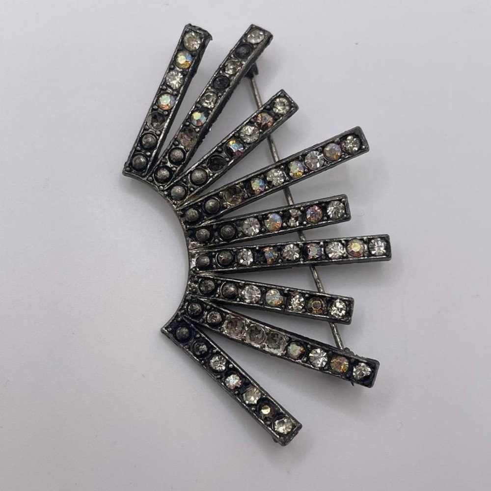 Antique Art Deco Pin Brooch circa 1920s Fan Shape Diamanté Old Hollywood