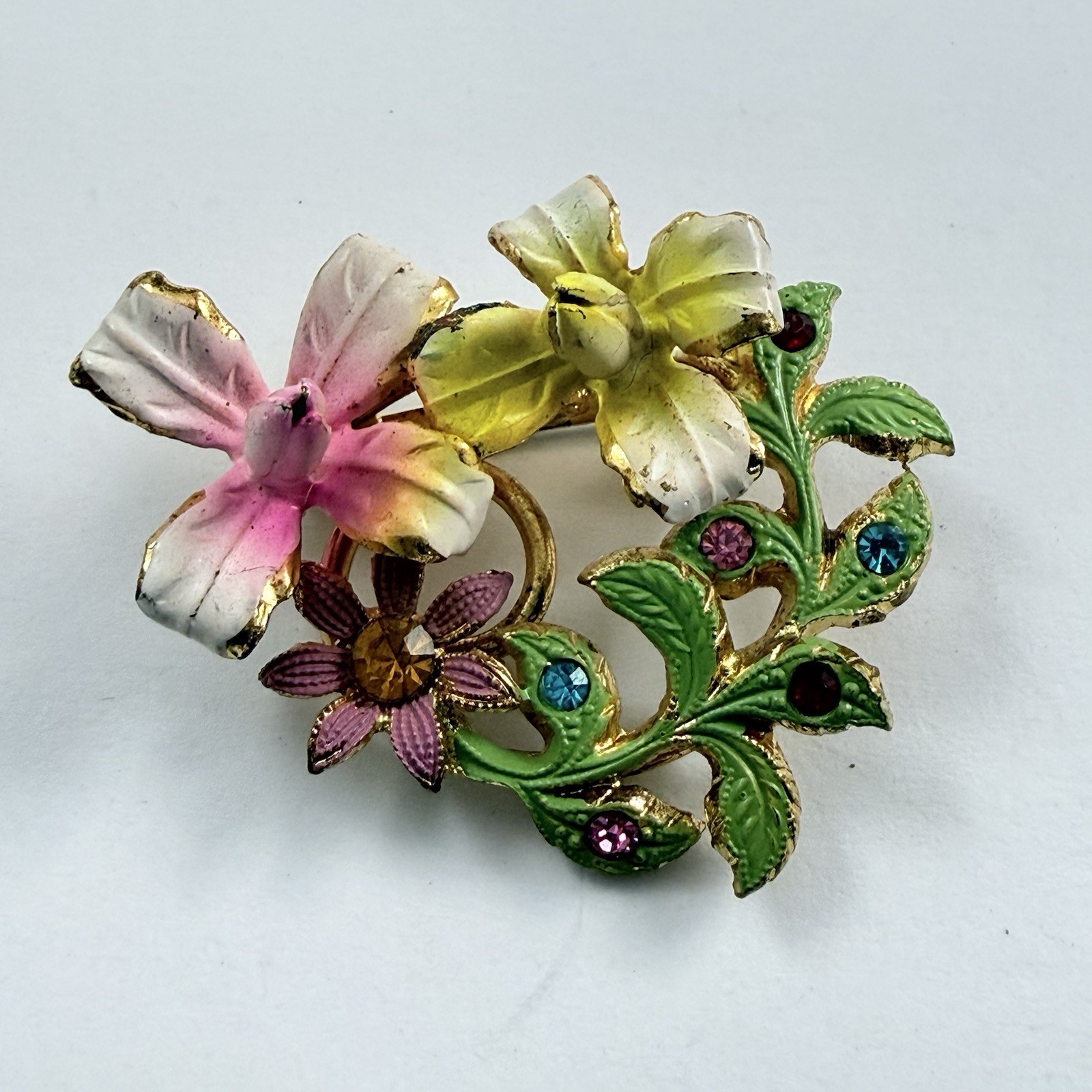 Vintage Enameled Rhinestone Flower Brooch Made in Austria