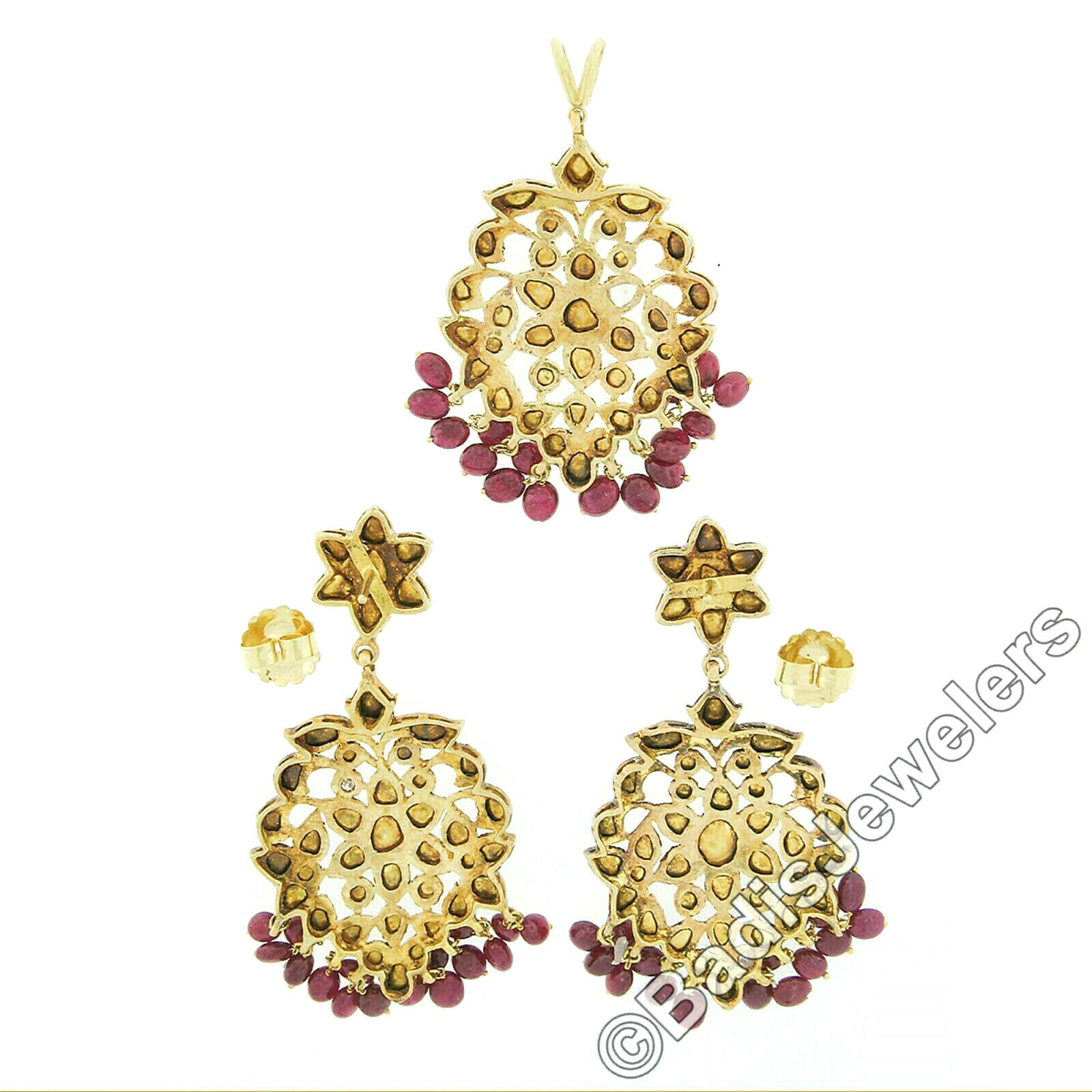 Vintage 18K Gold Rose Cut Diamond w/ Bead Ruby Drop Dangle Earring & Pendant Set
