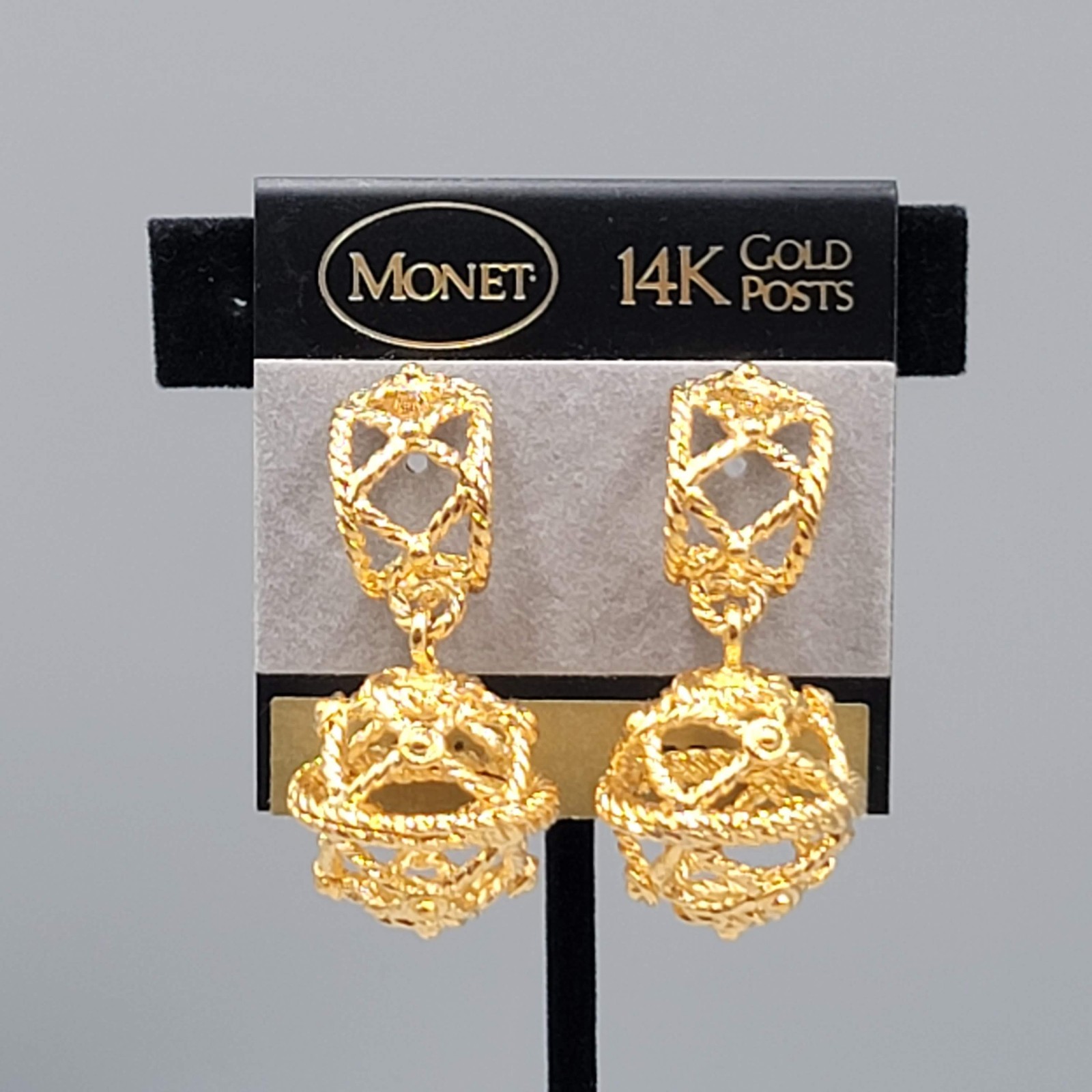 Vintage Filigree Open Work Monet Hoop Pierced Earrings Gold Plated Dangle 1.75″