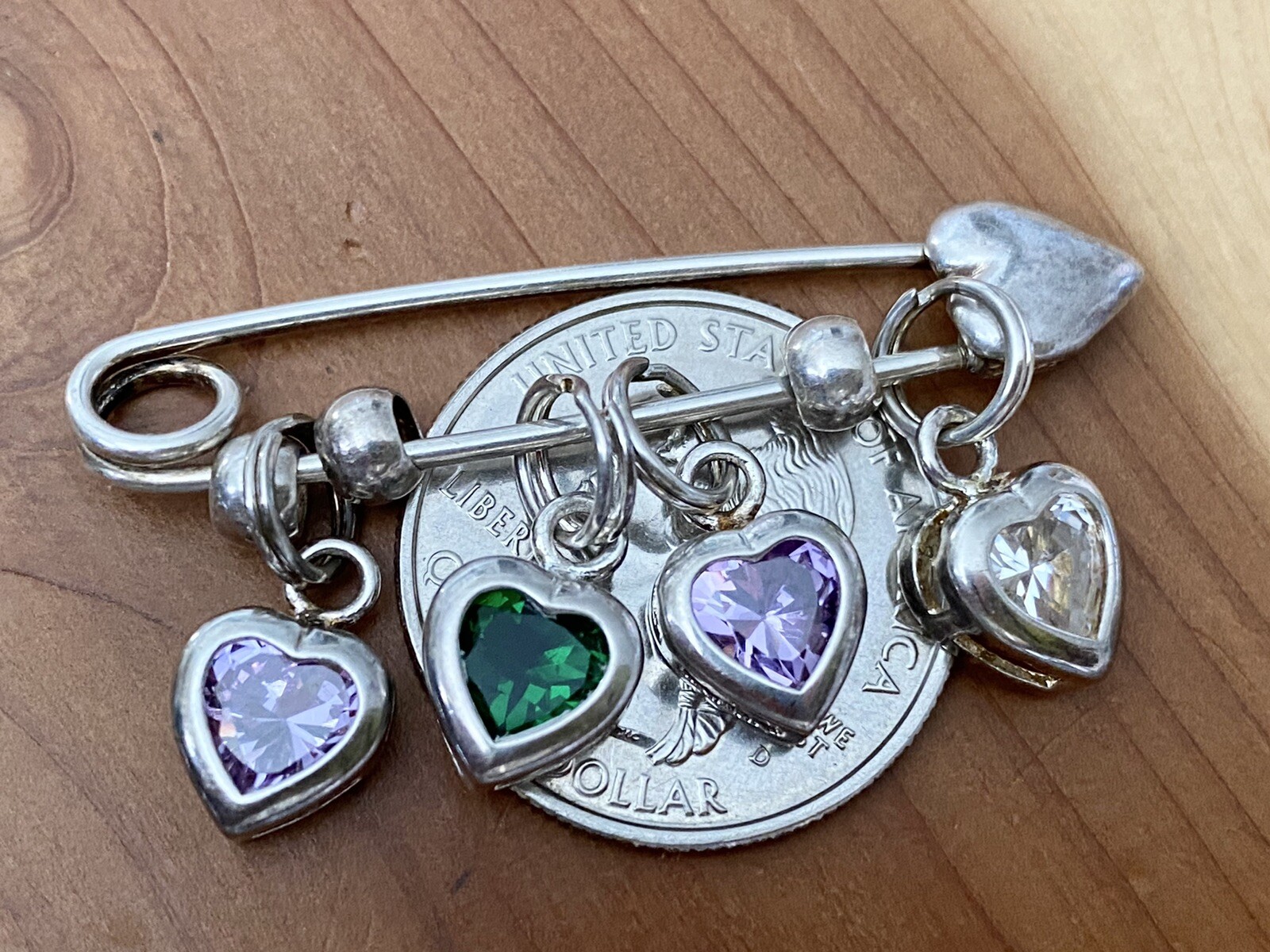 Vintage 925 Sterling Silver Purple, Green & White CZ Heart Shaped Pin / Brooch