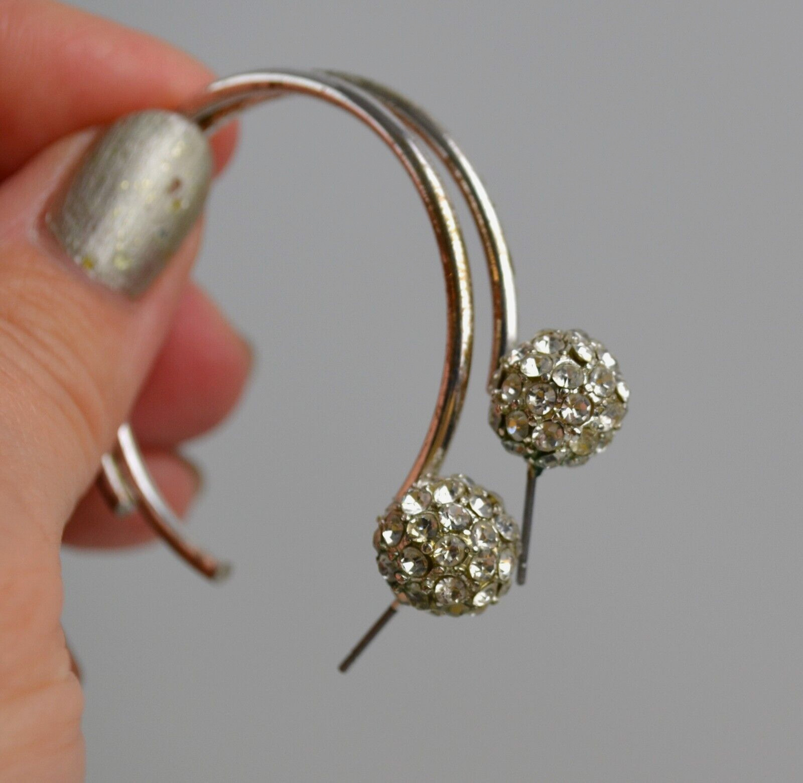 Silver Tone Hoop Pierced Earrings w/ Clear Rhinestoned Sphere 1 .75″ Across