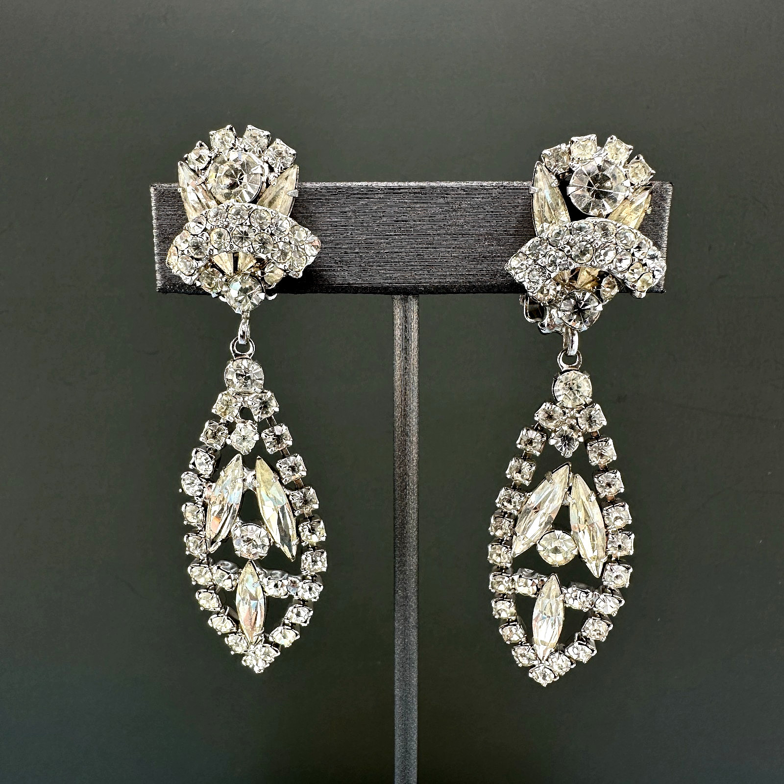 Vintage Rhinestone Earrings Chandelier Drop Clip On Statement Bridal Art Deco