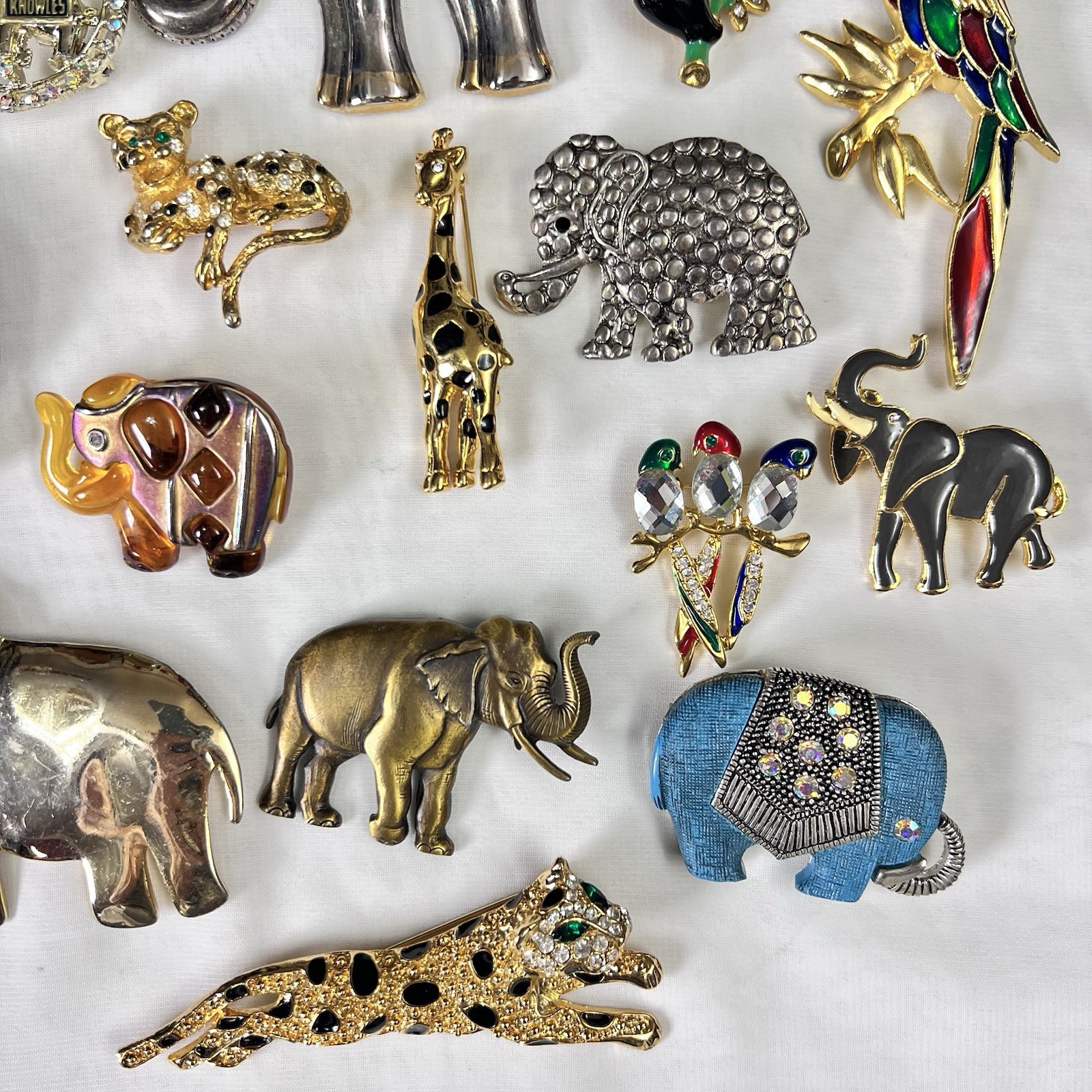 Vintage Safari Animal Brooch Pin Lot of 18 Faux Pearl Crystal Enamel Gold Tone