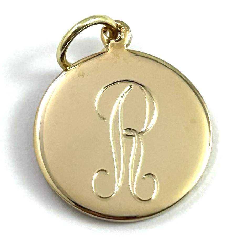 Vintage Initial R Charm Dainty Pendant Etched Gold Plated Metal Vintage Jewelry