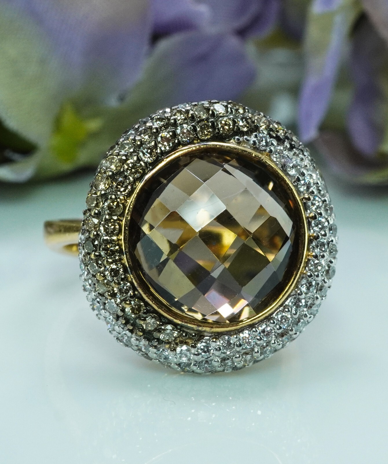 Vintage Quartz Champagne White Diamond Ring 14K Gold Designer Estate Italy