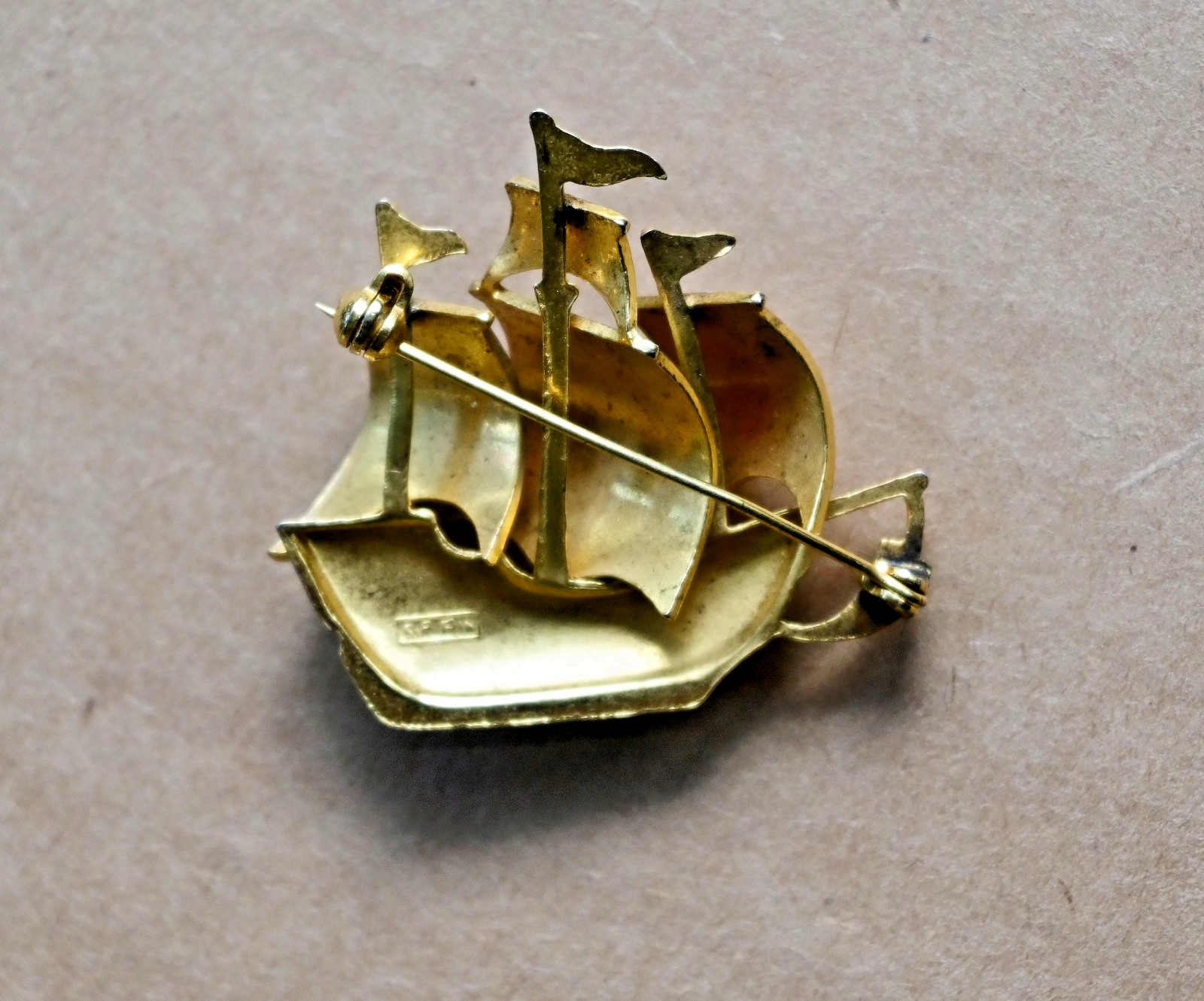 Spanish Galleon Sailing Ship Damascene Brooch Vintage Pin Enamel Made in Spain
