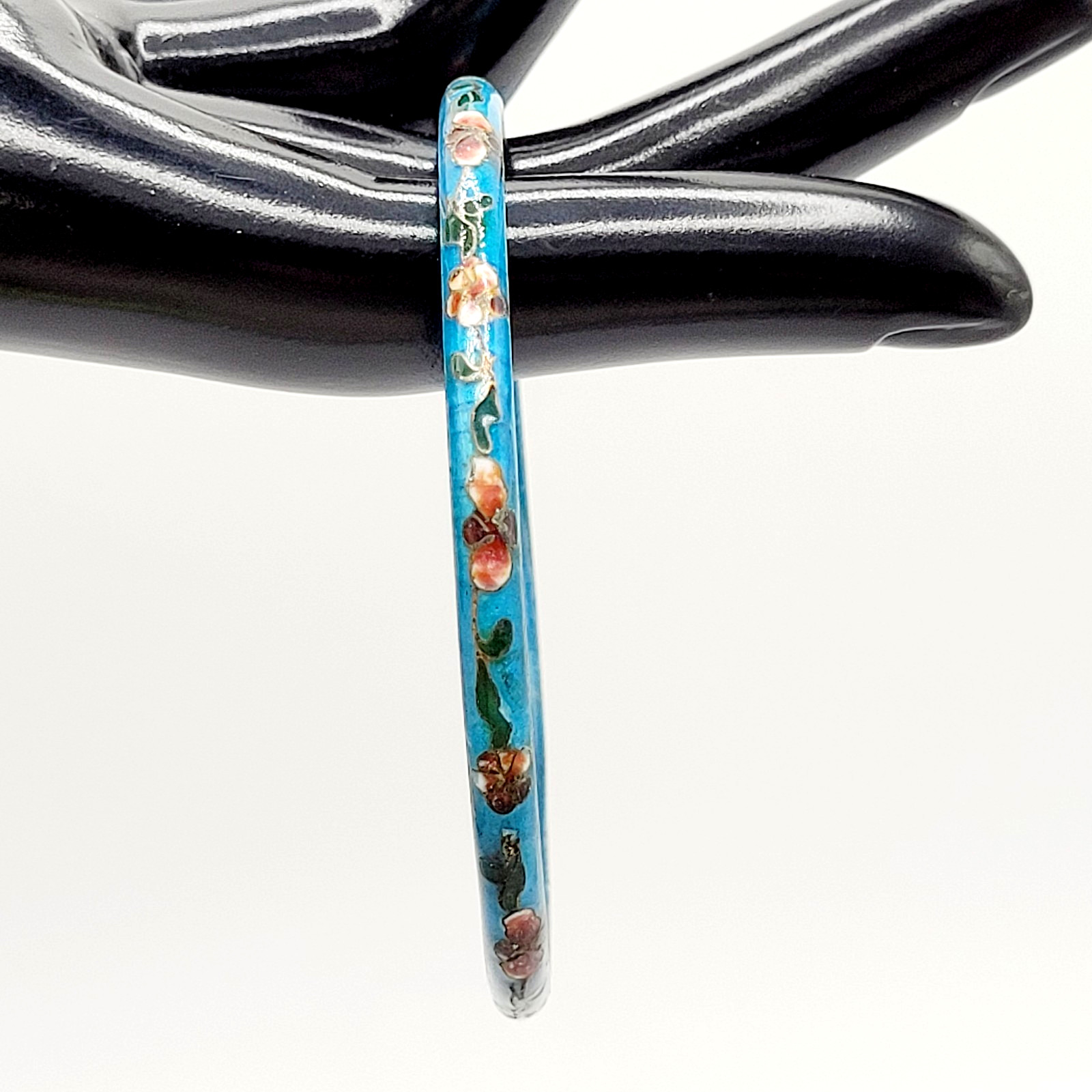 Cloisonné Light Blue Enamel Floral Hand Painted Asian Inspired Bangle Bracelet