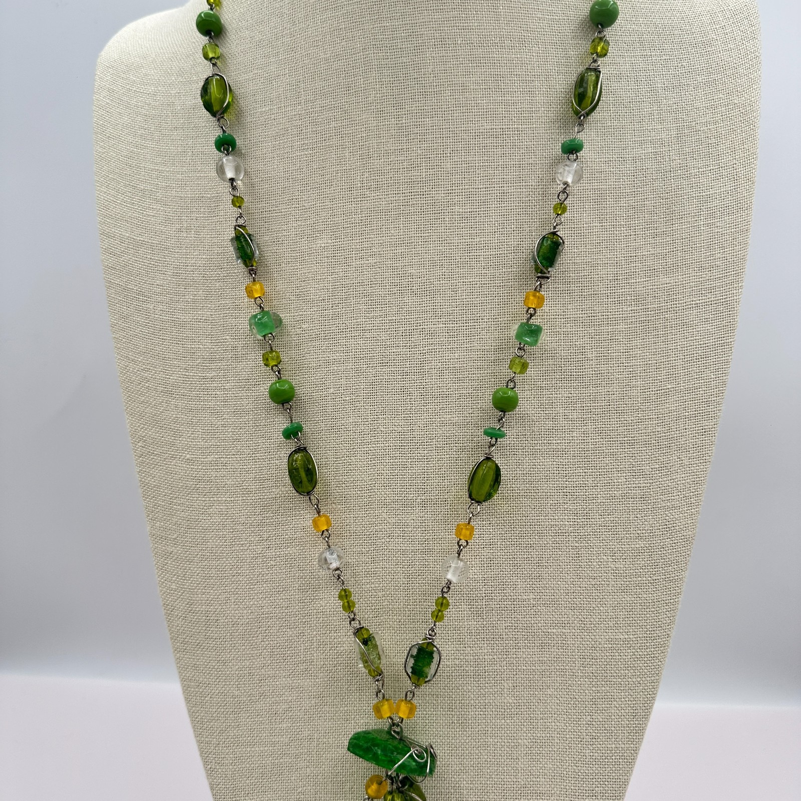 Vintage Green Glass Bead Tassel Necklace Wire Wrapped Yellow Crystal Y Drop Boho
