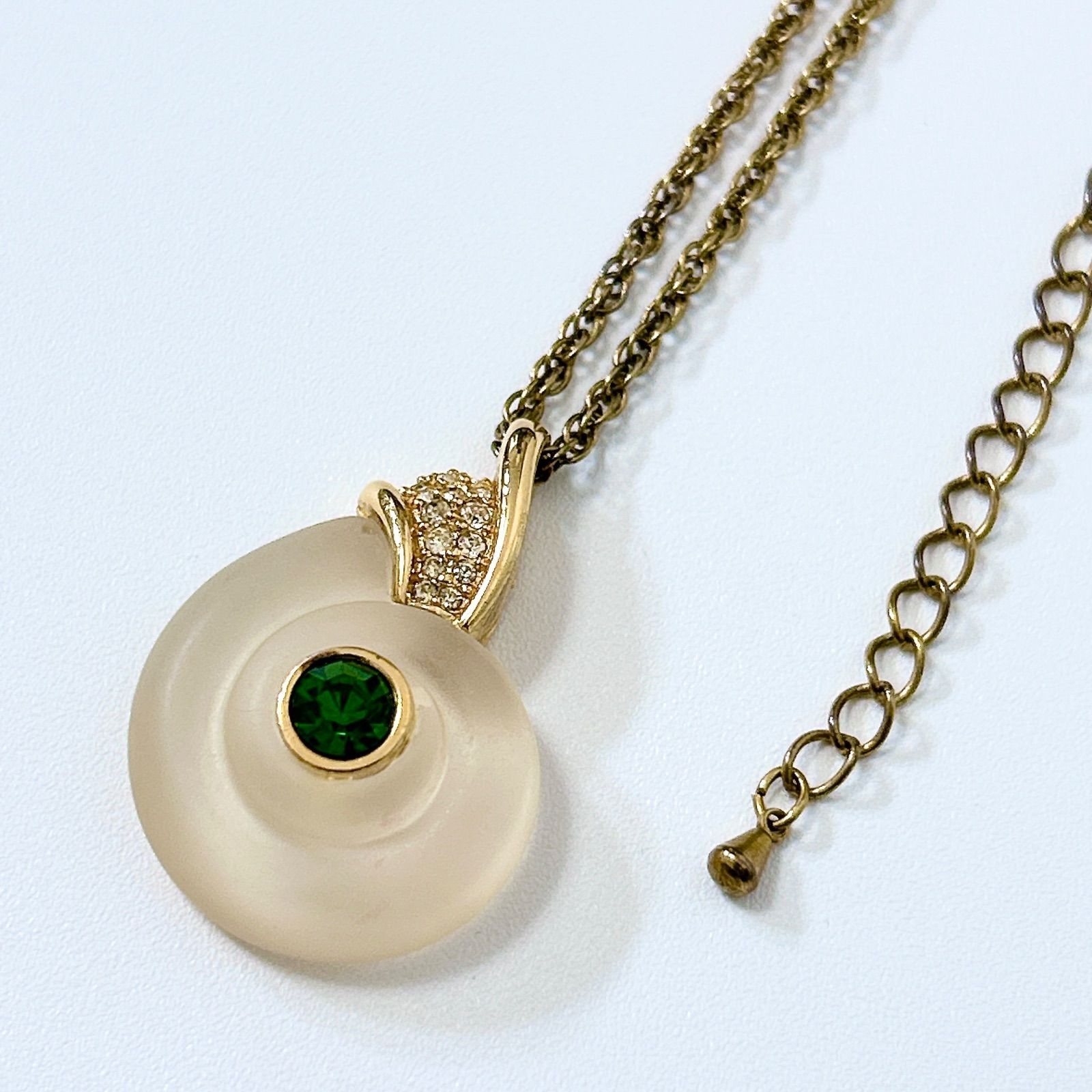 Givenchy Vintage Green Stone Snail Pendant CZ Necklace 45 to 52cm Auth