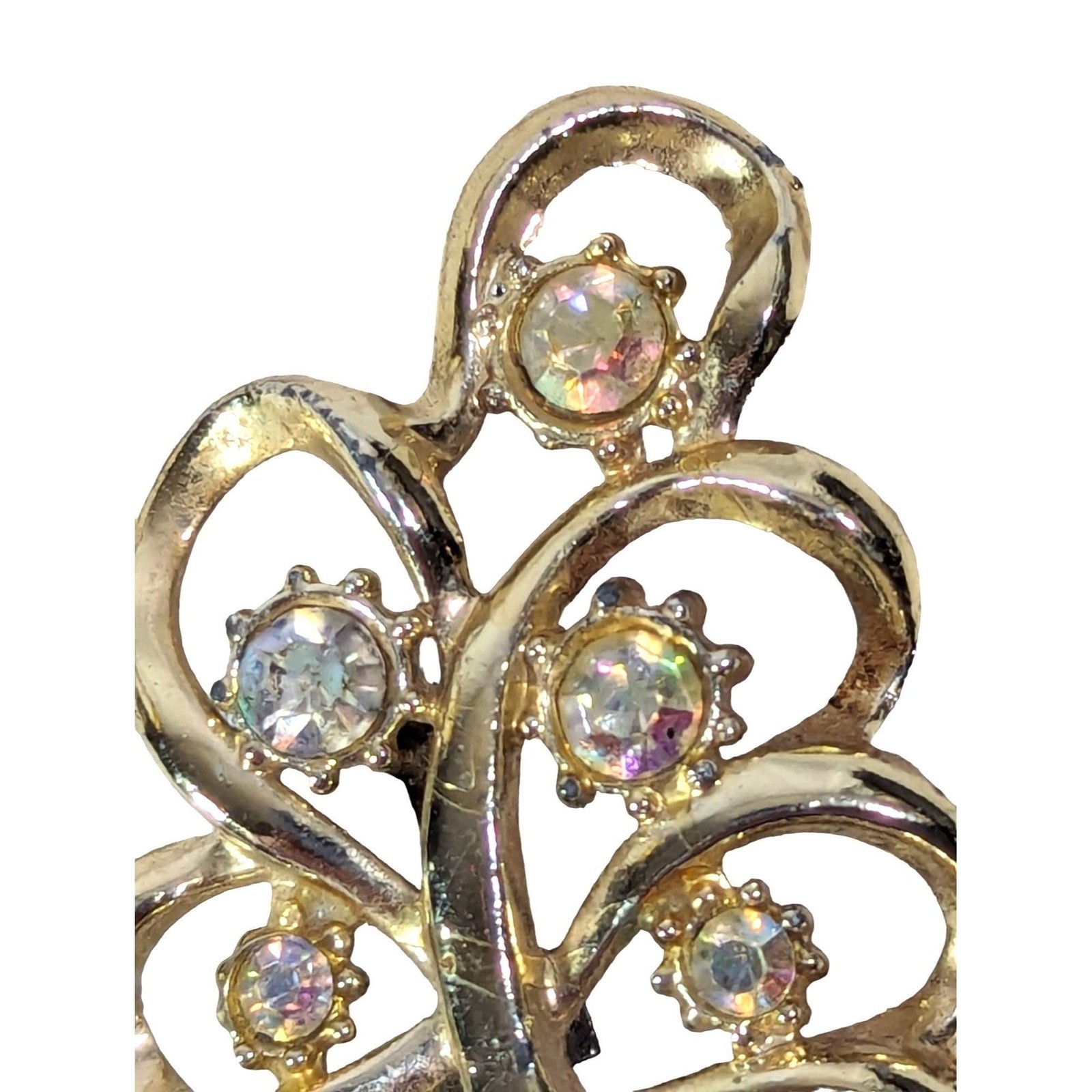 Gold Tone Swirl Leaf Brooch Pin Vintage 1960s Clear Rhinestones 2″ x 1.5″ Gift