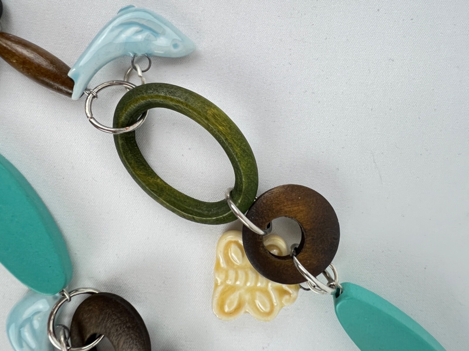 Ceramic & Wood Silver Tone Beads Discs Birds & Dragonfly Necklace & Earring Set