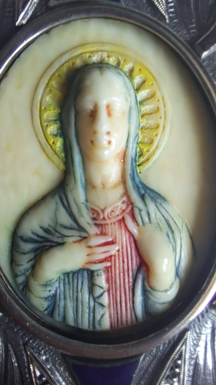 Fine Antique Art Nouveau Silver Gold Enamel Virgin Mary Madonna Pendant Ca 1900