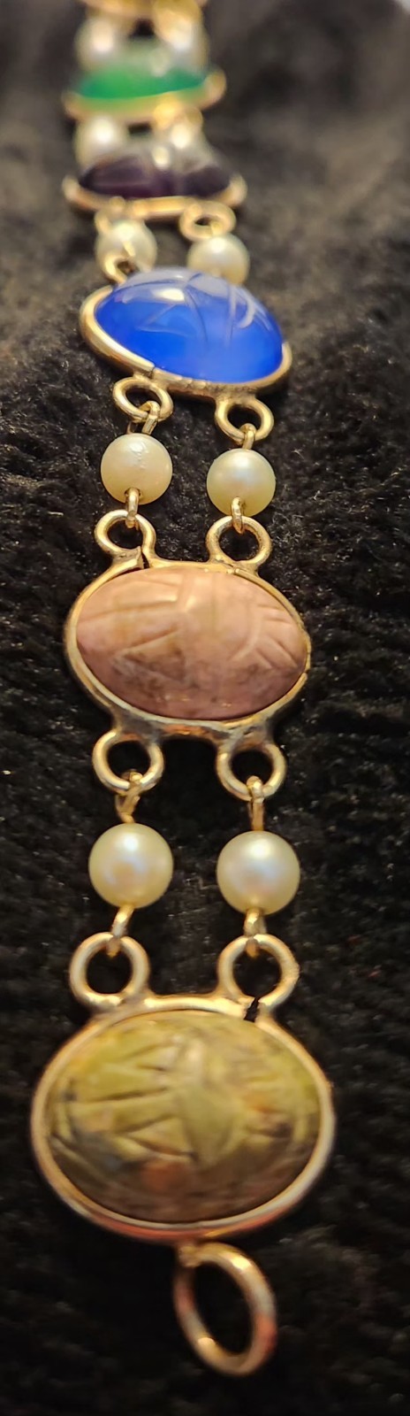Vintage 12k GF Gold Filled bloodstone chalcedony Pearl Etc 7 Scarabs Bracelet 7â