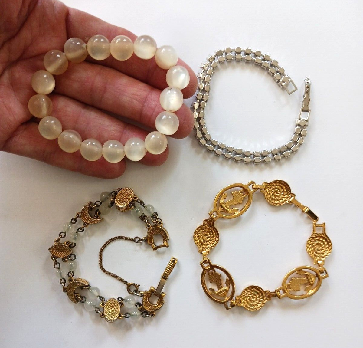 Vintage bracelets. box clasp. safety chain lock, Anchors, stones, rhinestones. 4