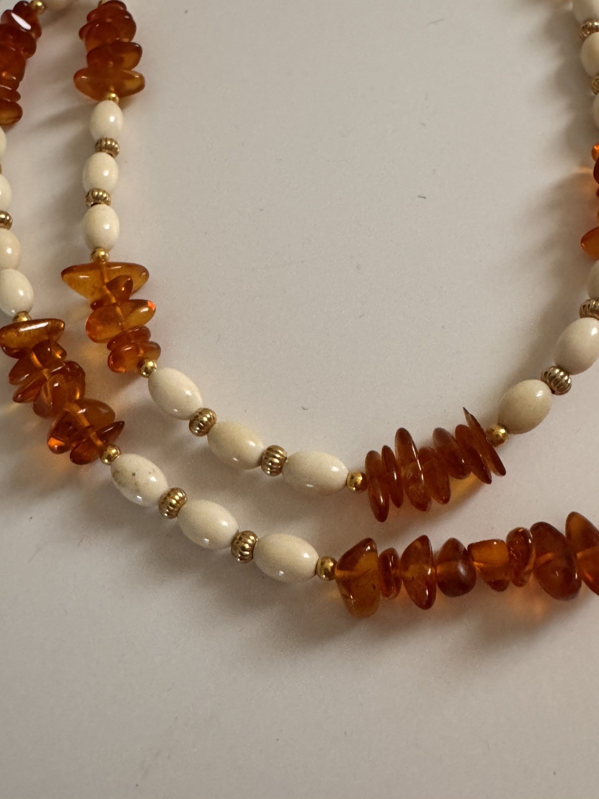 Vintage Lee Sands Double Strand Amber Bead Necklace Heart Spacer Boho Coastal