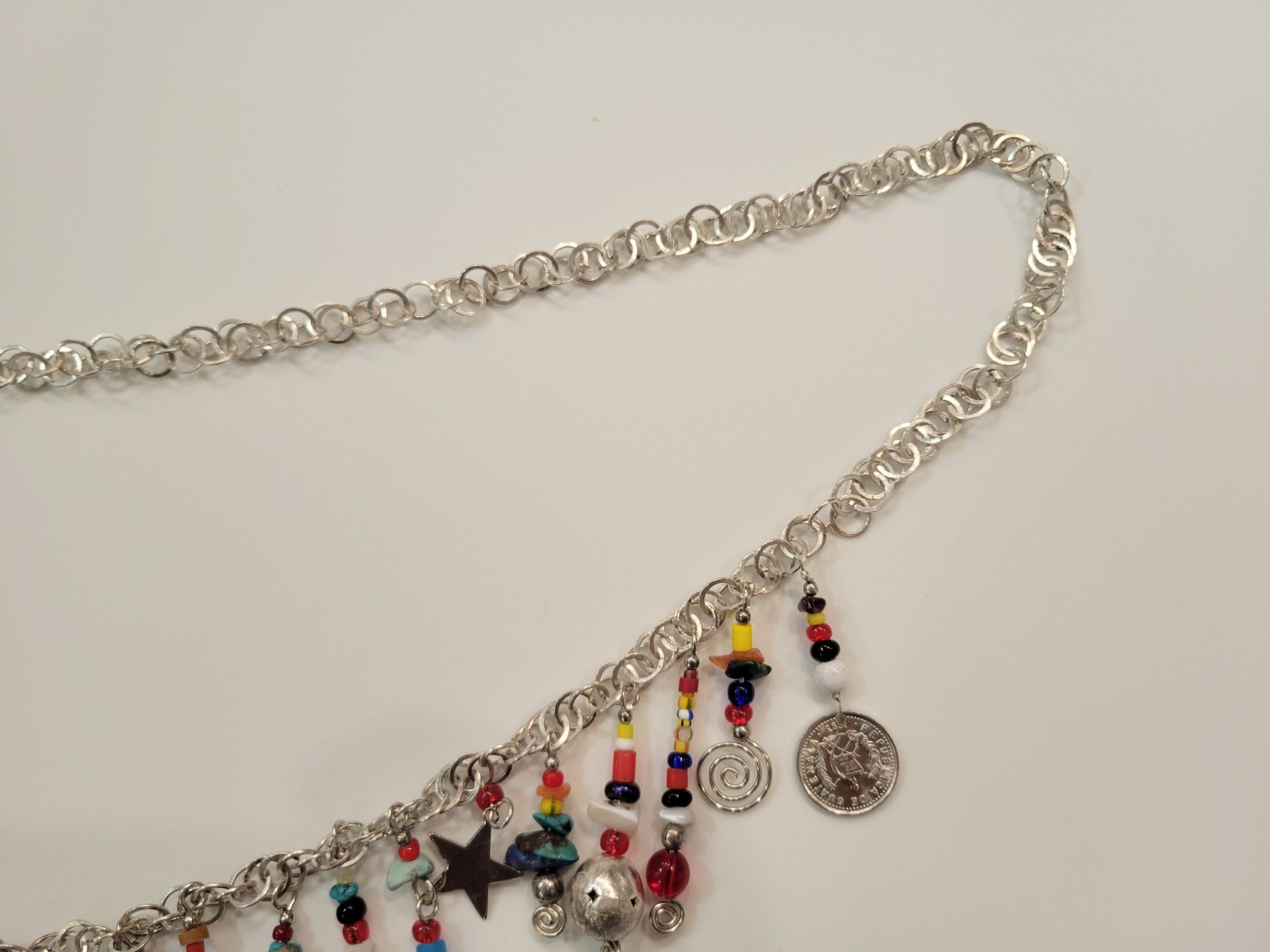 Vintage Multi-stone Tribal Guatemala Coin Charm Beaded Strand Silver Toned Boho