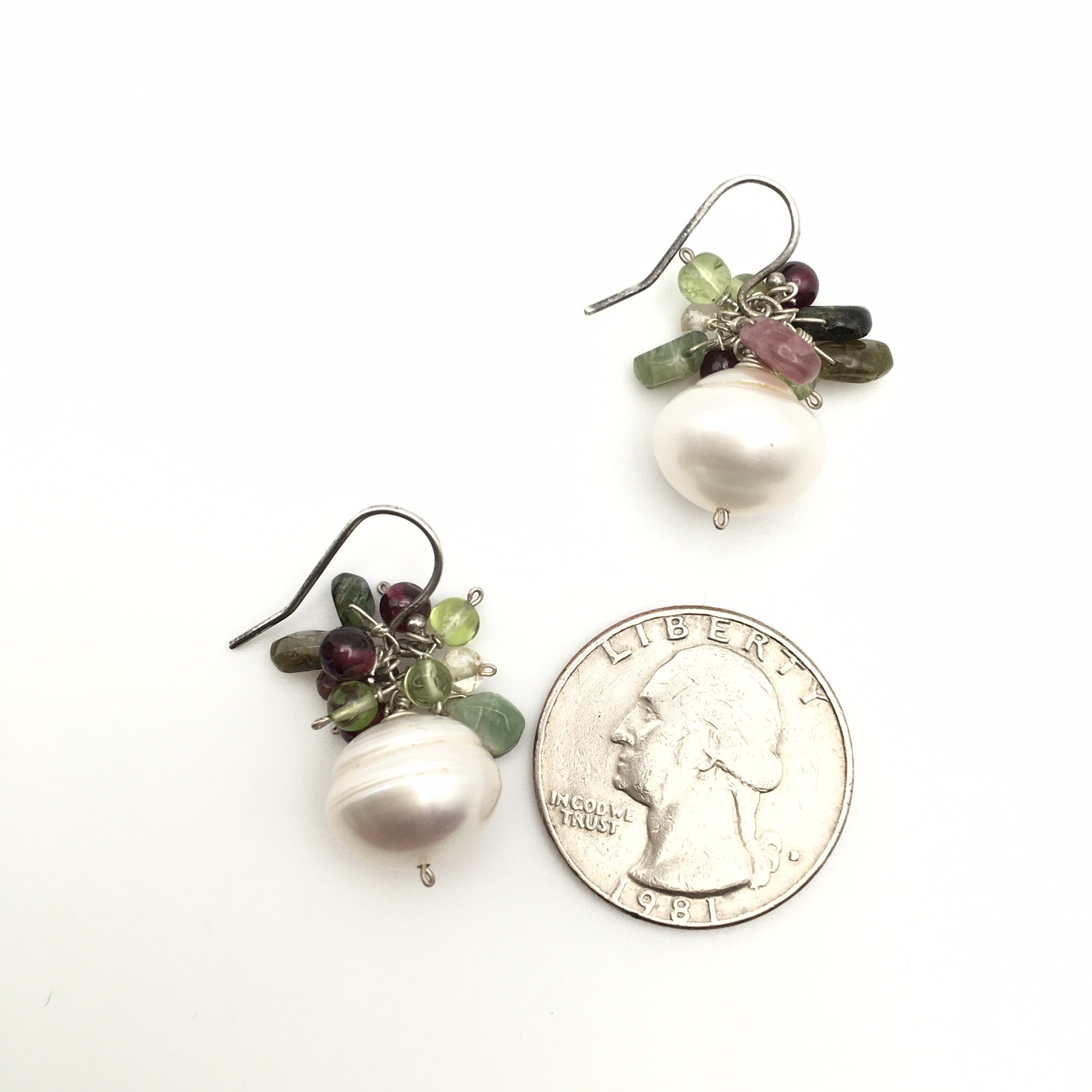 Vintage Sterling Silver Pearl Garnet Green Stone Hook Dangle Earrings 925 8g #92