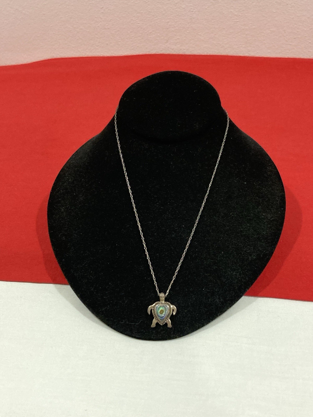 Vintage 925 Sterling Silver Abalone Heart Turtle Pendant & Chain Necklace 18.5”
