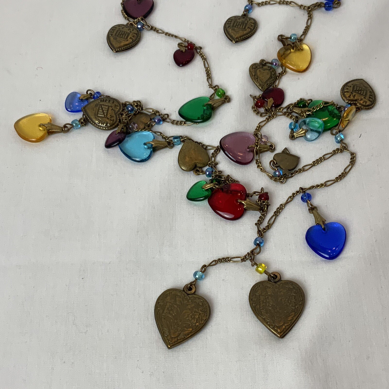 VTG Glass Works Studio G.W.S Signed Multi Color Glass Hearts Charm Long Necklace
