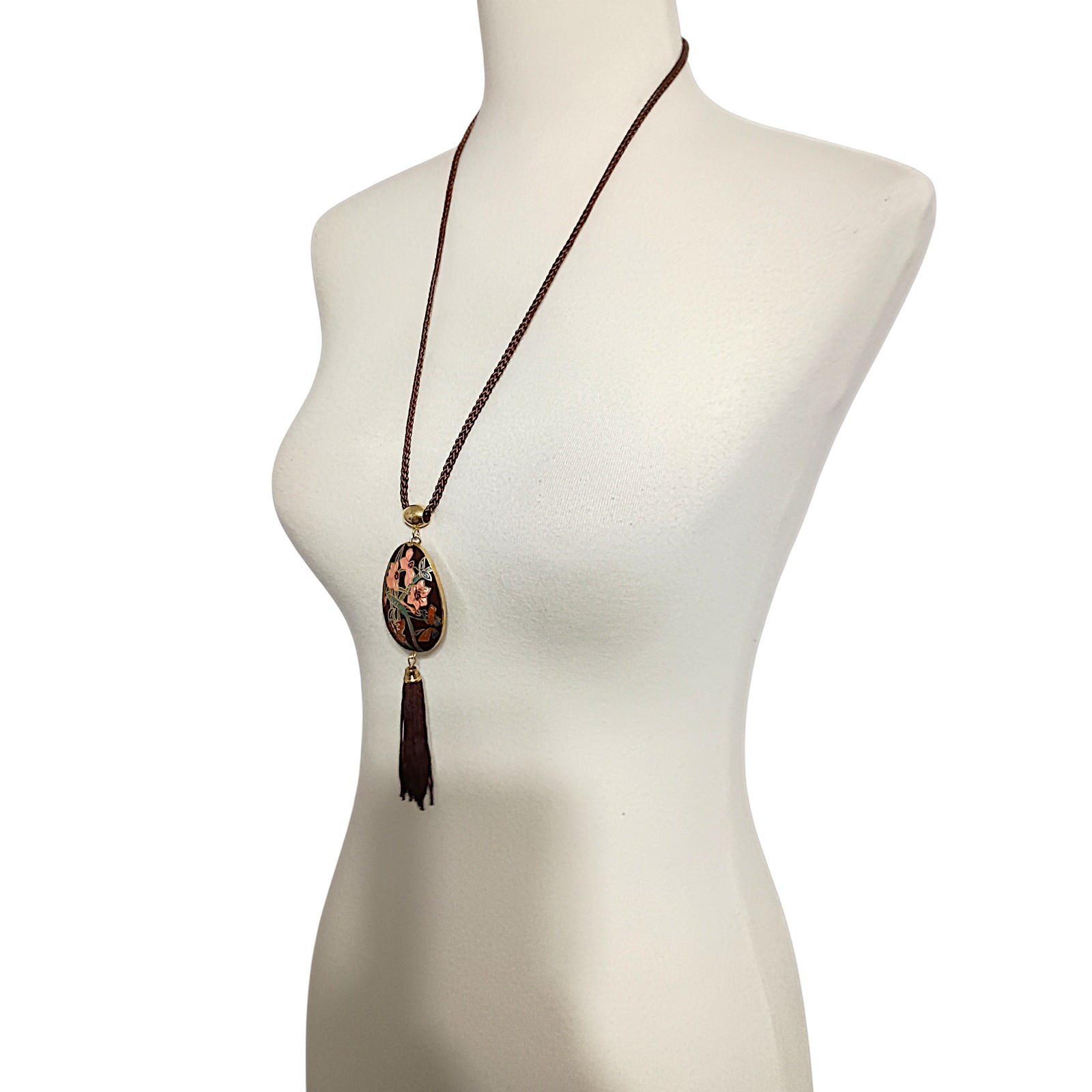 Vtg Butterfly Cloisonne Necklace 70s Pendant Tassel Woven Cord Brown Dual Sided
