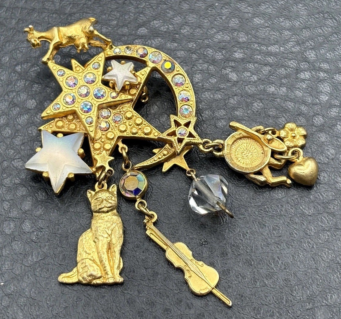 Kirks Folly Hey Diddle Diddle Gold Tone Crystal Brooch Pin Cat Cow Moon Star
