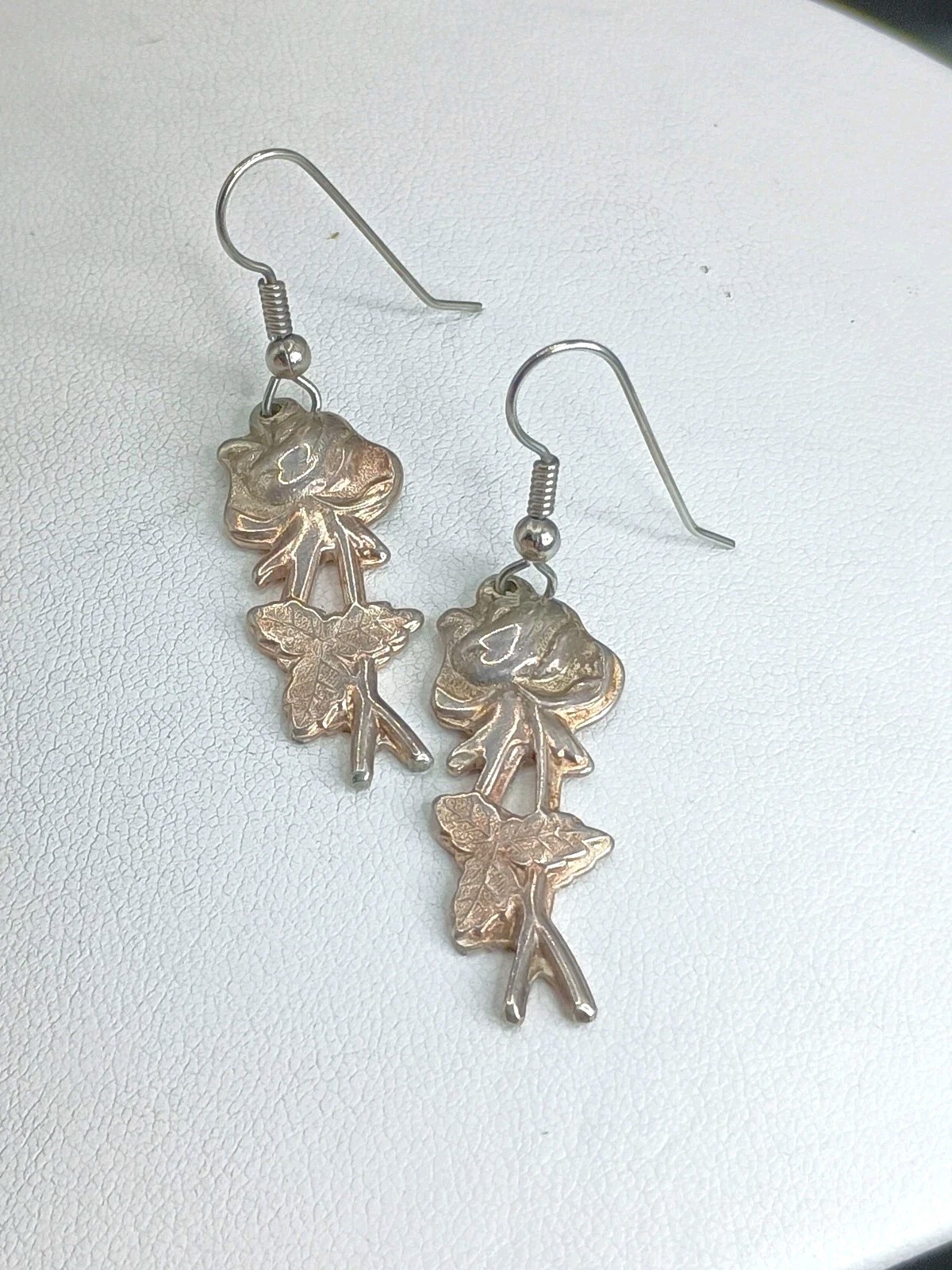 Vintage Rose Flower Pierced Earrings Dangle Hook Silver Untested Not Magnetic 2″