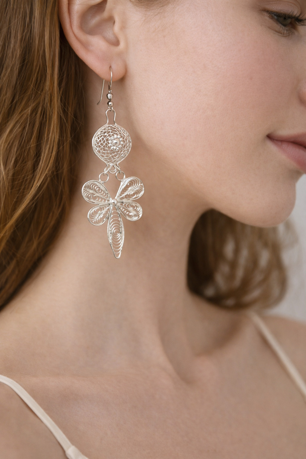 Ornate Vintage Style Silver Filigree Circle & Flower Earrings 2½” Long, Artisan