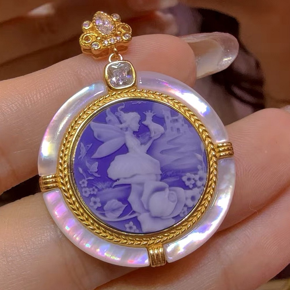 925 sterling silver blue Agate Cameo vintage jewelry Pendant estate jewelry