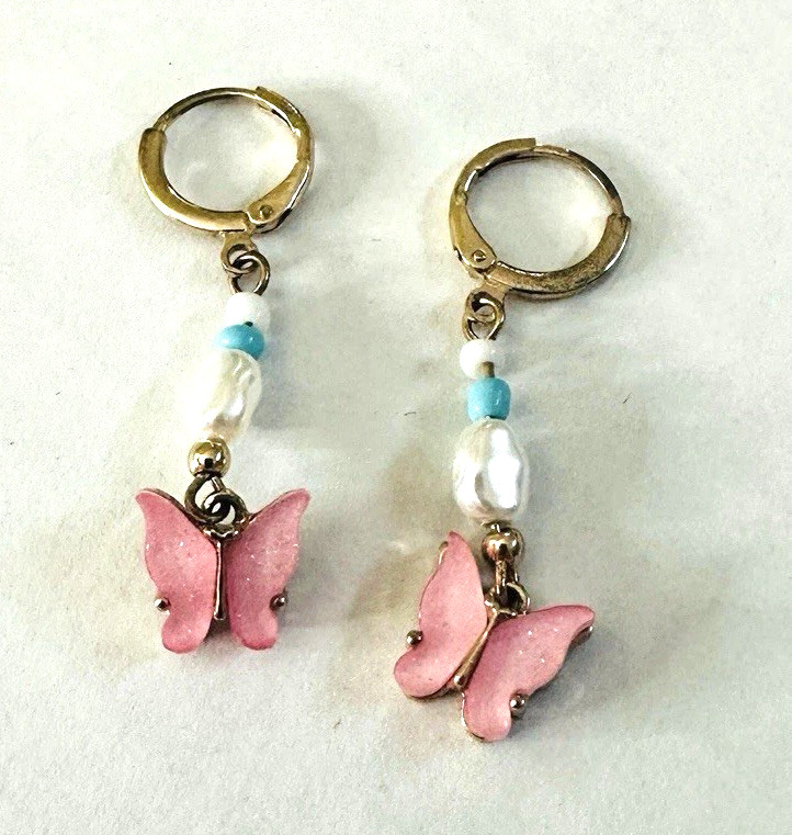 Y2K Lucite Pink Butterfly Earrings Beaded Teal Pearly Drop Dangle Huggie Hoop