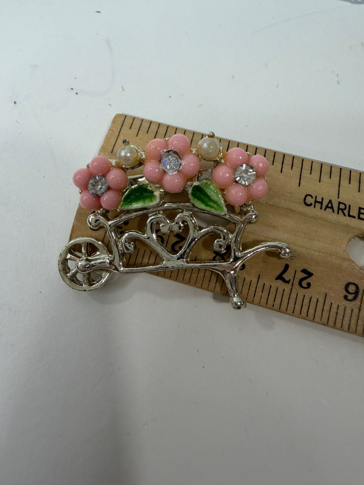 Vintage Gold Tone Pink Flowers with Whimsical Garden Wheelbarrow Brooch
