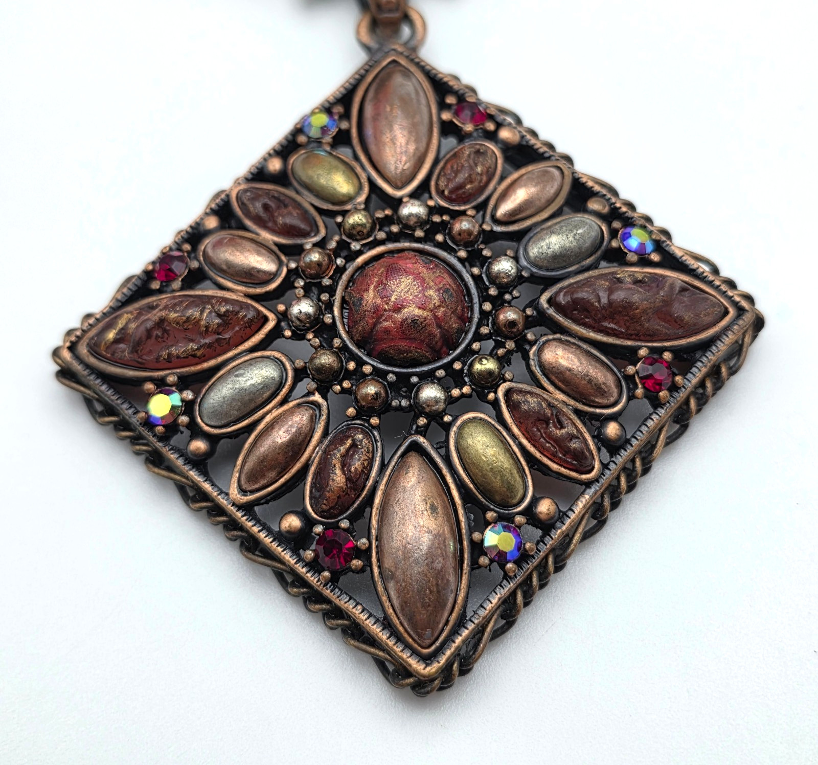 DaVinci Mosaic Statement Pendant Necklace Copper Tone Beaded 19 in Boho Vintage