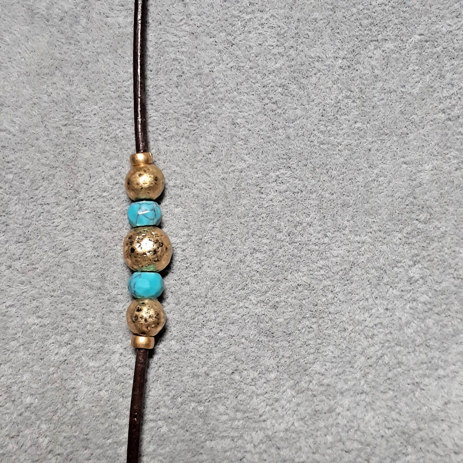 Artisan Leather Cord Necklace Hammered Metal Beads Blue Mixed Materials 32″