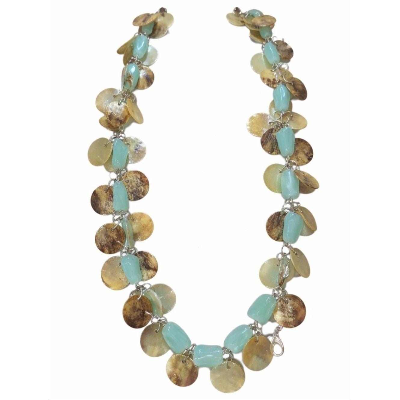 Vintage Aqua Lucite Shell Disc Necklace Coastal Beach Boho Pull Over 28