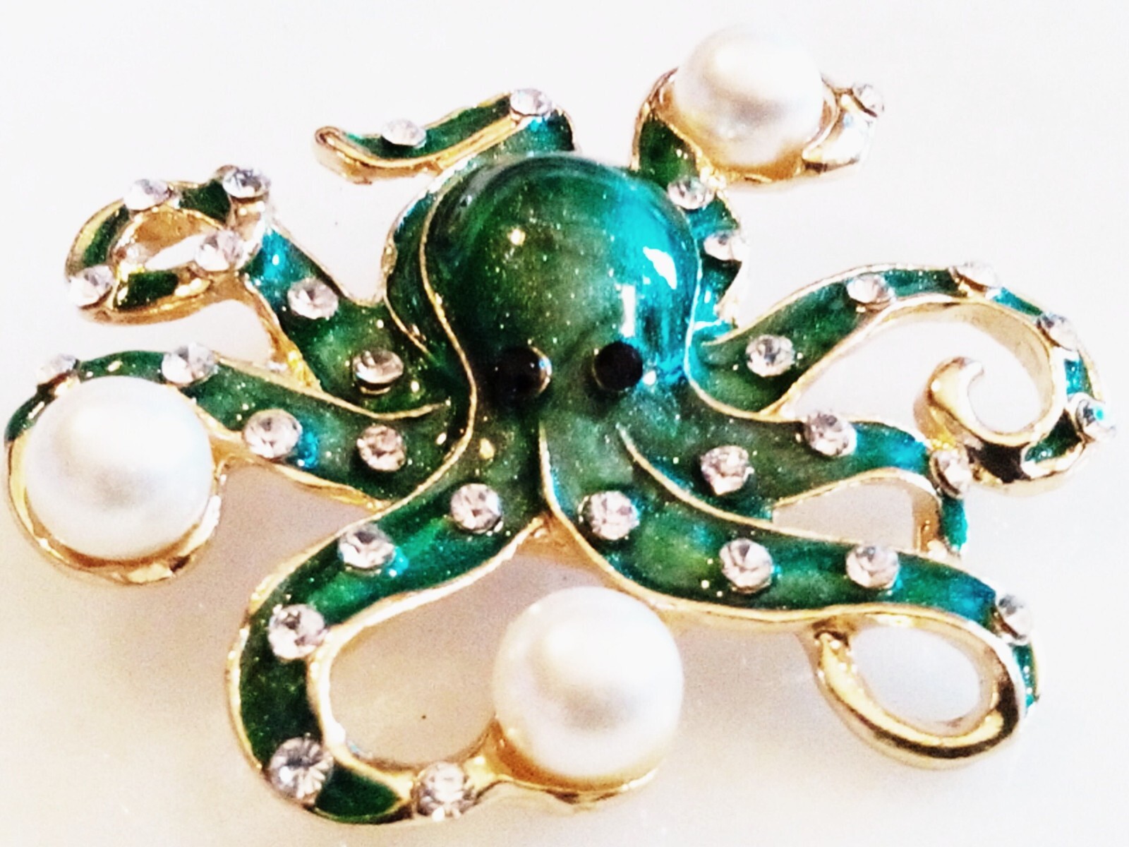 ENAMELED OCTOPUS BROOCH/PENDANT!Green Enameled, Clear Crystals, Imitation Pearls