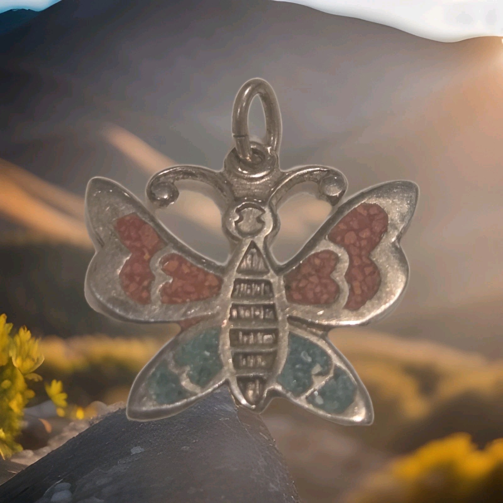 Vintage Sterling Silver Butterfly Pendant – 925 – Turquoise & Coral Chip Inlay