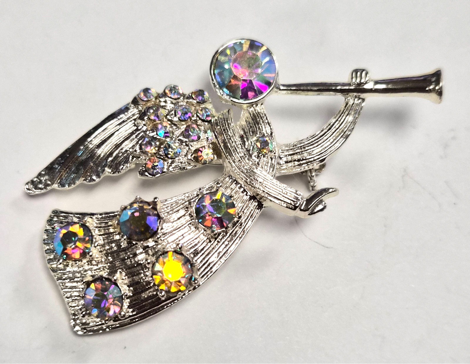 Vintage 90’s Christmas Trumpet Angel W/ Aurora Borealis Rhinestones Pin / Brooch