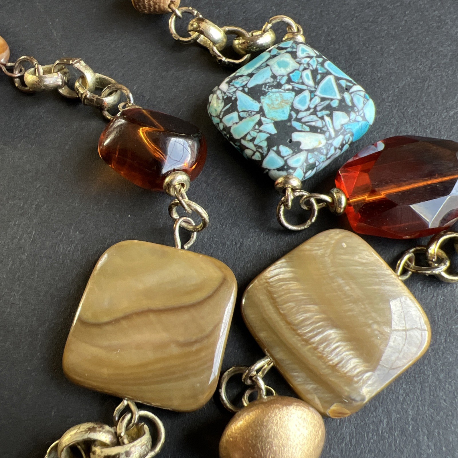 Vintage Turquoise Chip Inlay Beads Amber Mother of Pearl Abalone Bronze Necklace