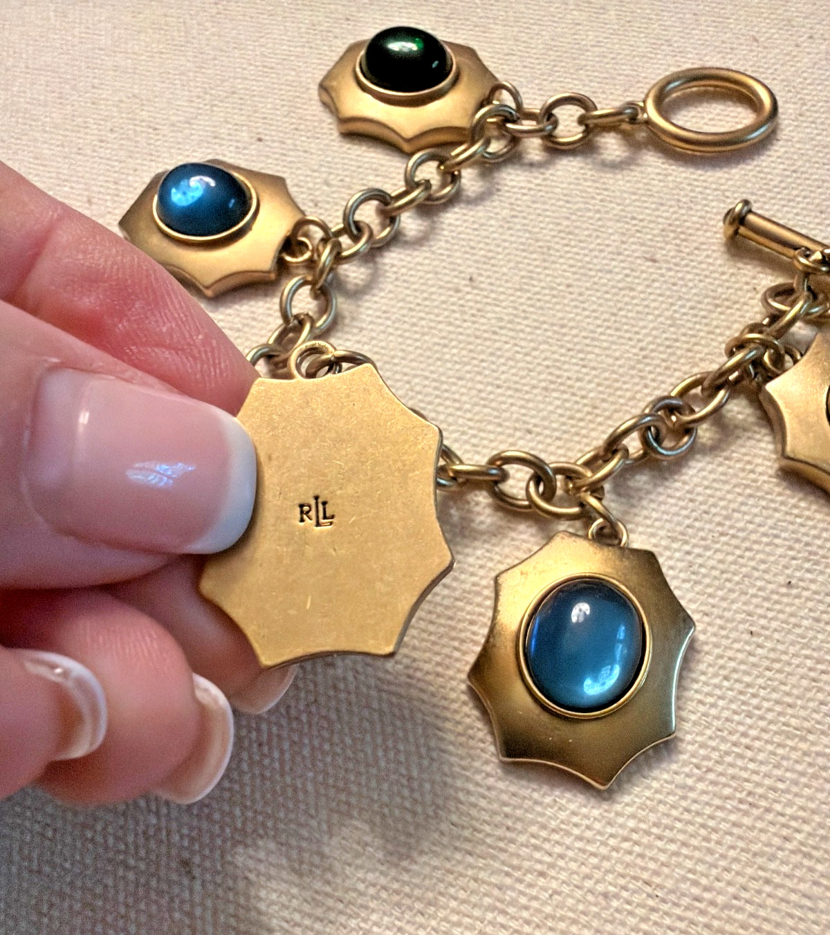 Vintage Lauren Ralph Lauren Gold Tone Cabochon Charm Bracelet W/ Toggle Closure