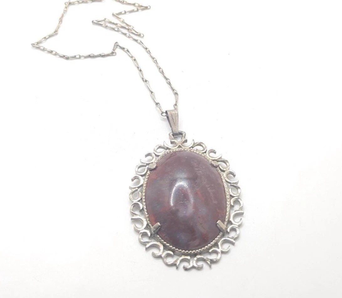 Vintage Agate Stone Deep Purple Blue Long Silver Chain Necklace Layering Gift