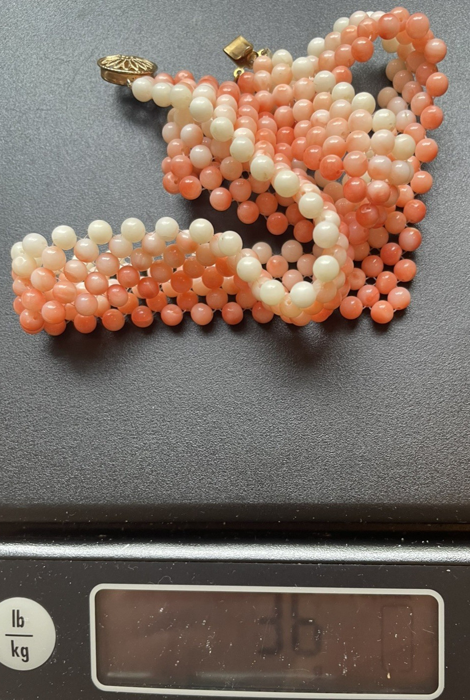 Vintage Woven Ombre Coral Bead Choker Necklace 14K Gold Filled Clasp 16″ 36g