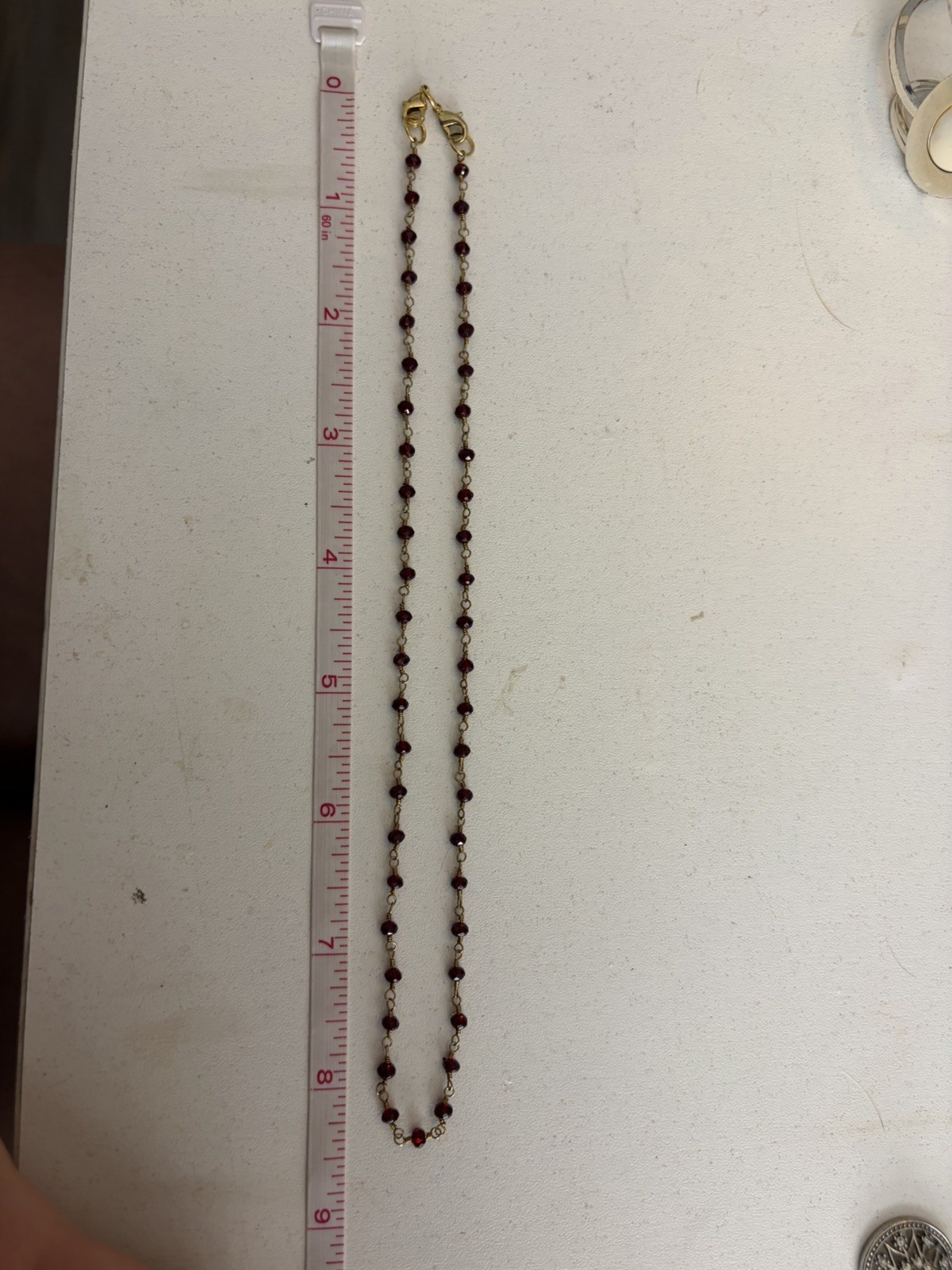 Vintage Gold Tone Red Faceted Glass Bead Station Necklace 18” Minimalist Dainty