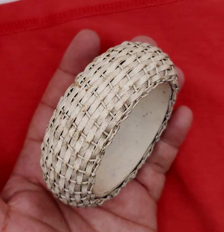 Vintage Ethnographic Woven Rattan Fiber Bangle Wire Bound Chunky Statement Brace