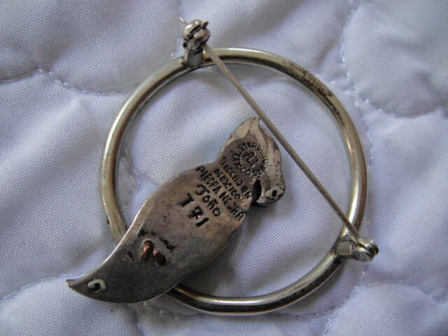 Vtg Taxco Sterling 925 AC Piedra Negra Tono Turquoise, brass Inlay bird Brooch
